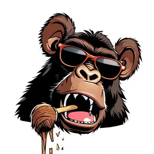 goofy gorilla wearing sunglasses, with a pierced lip and ears, biting a splintered wooden toothpick in full color tattoo design idea