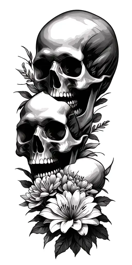 mom dad son skull with lily and chrysanthemum flowers tattoo design idea