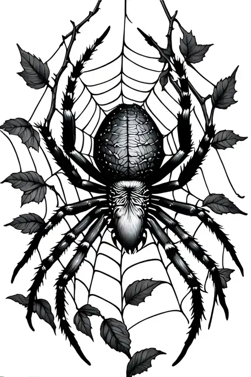 spider hanging from a web in between vines tattoo design idea