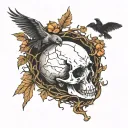 Skull with crow tree and bat sleeping upside down tattoo design idea