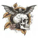 Skull with crow tree and bat sleeping upside down tattoo design idea
