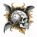 Skull with crow tree and bat sleeping upside down tattoo design idea