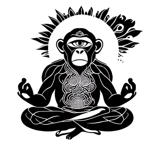 blissful monkey meditating, monkey has third eye, monkey head bursting with geometric patterns, various divine beings  tattoo design idea