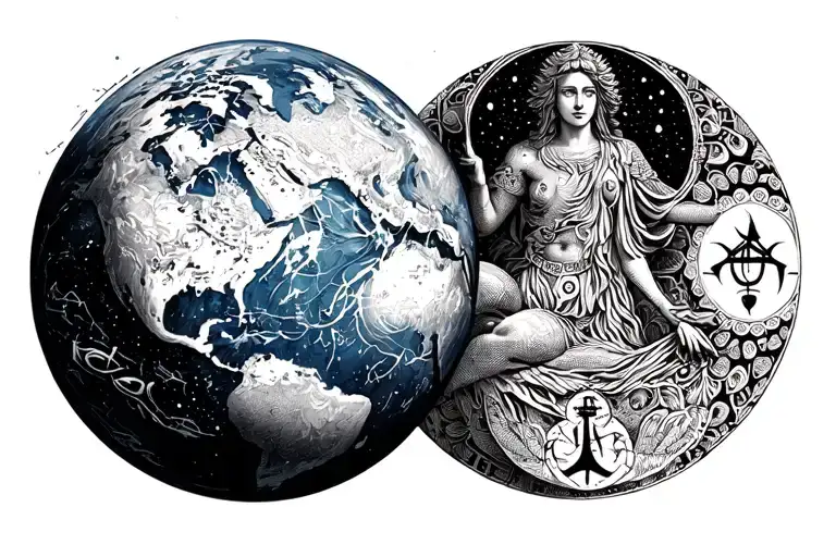 Planet Earth with zodiac sign Aquarius and Libra combined and framed with the style of a mandala tattoo design idea