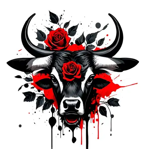 Bull's head, black roses and leaves in the background tattoo design idea