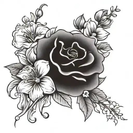 Boquet flowers with carnation, daisy, rose, and morning glory with stems. Staley underneath it tattoo design idea