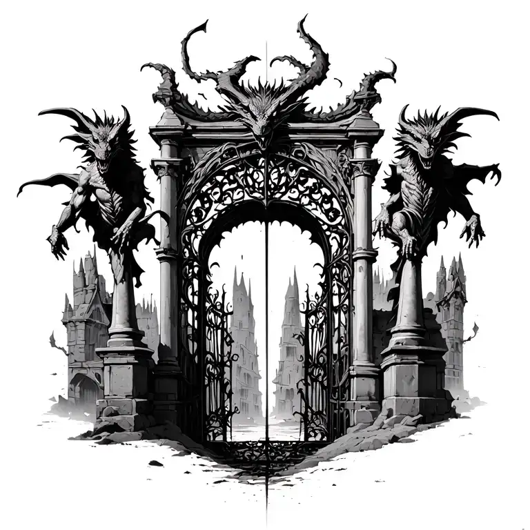 Gates of hell with gargoyles guarding the gate tattoo design idea