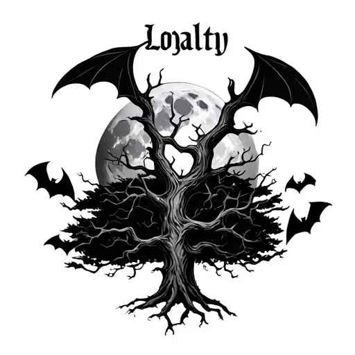 A forarm half sleeve with loyalty in cursive covered with a posion tree with bats around it and have a evil moon tattoo design idea