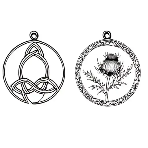 locket with Celtic knot on left and botanical press thistle on right  tattoo design idea