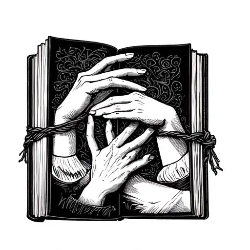 smut book open book surrounded with hands tied together by string tattoo design idea