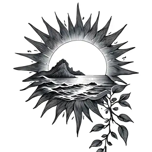 fine line sun casting rays onto a delicate vine with ocean waves and Europe vibes tattoo design idea