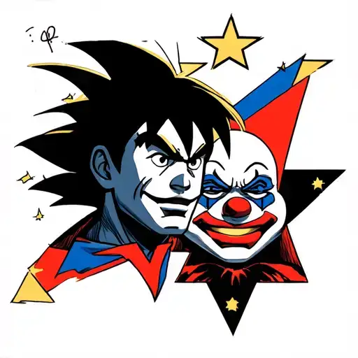  F in a star and TWBM and and vlog camera with face of Goku and Superman and Art the Clown and with kaws character sleve tattoo design idea