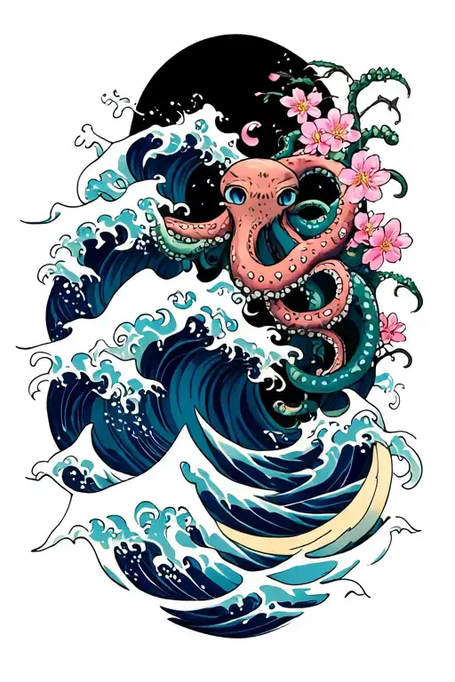 japaense water waves, cherry blossoms scattered, octopus tentacles wrapped around tattoo design idea