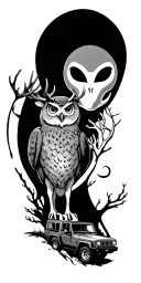 trees, jeep, owl, deer, alien tattoo design idea