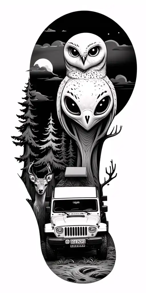 trees, jeep, owl, deer, alien tattoo design idea
