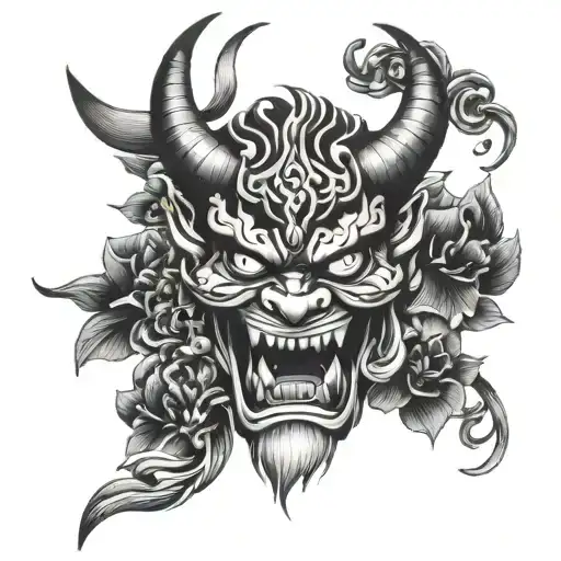oni demon floral holding a mask tattoo design idea