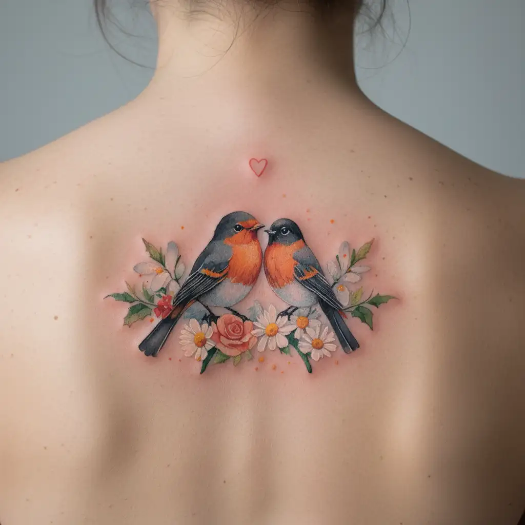 2 robin bird together symbolizing love black grey and orange with snowdrop, holly, roses, daisies, narcissus, daffodils  tattoo design idea