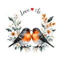 2 robin bird together symbolizing love black grey and orange with snowdrop, holly, roses, daisies, narcissus, daffodils  tattoo design idea