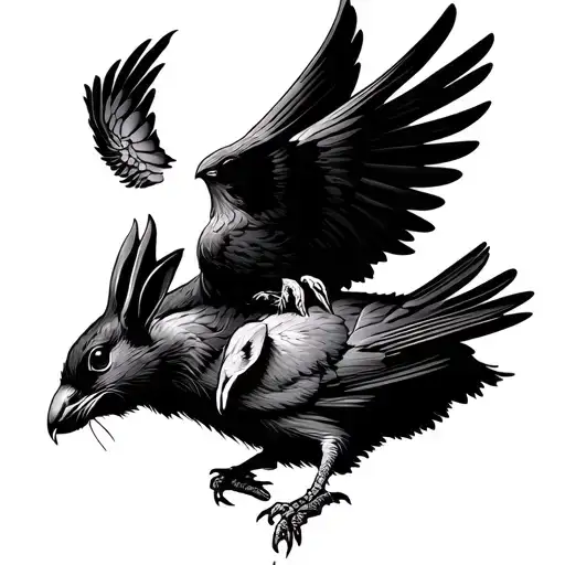 A gothic tattoo design in black and white, featuring a wounded crow with spread wings, carrying a living rabbit gently,  tattoo design idea