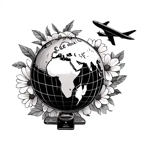vintage luggage with vintage globe on top. airplane flying around globe and flowers and passport beside globe tattoo design idea