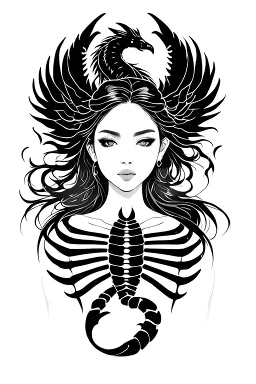 sillouette of a woman's face, serene and powerful. A scorpion showing her chest, reincarnate phoenix and dragon japanese tattoo design idea