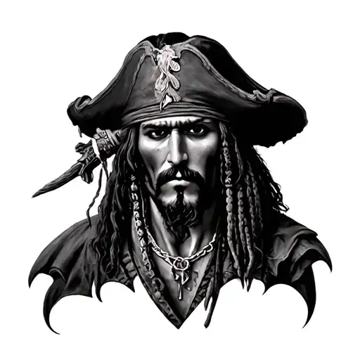 Realistic black & grey shading pirates of the Caribbean sleeve tattoo with jack sparrow, barbosa, davy jones, kraken, bl tattoo design idea