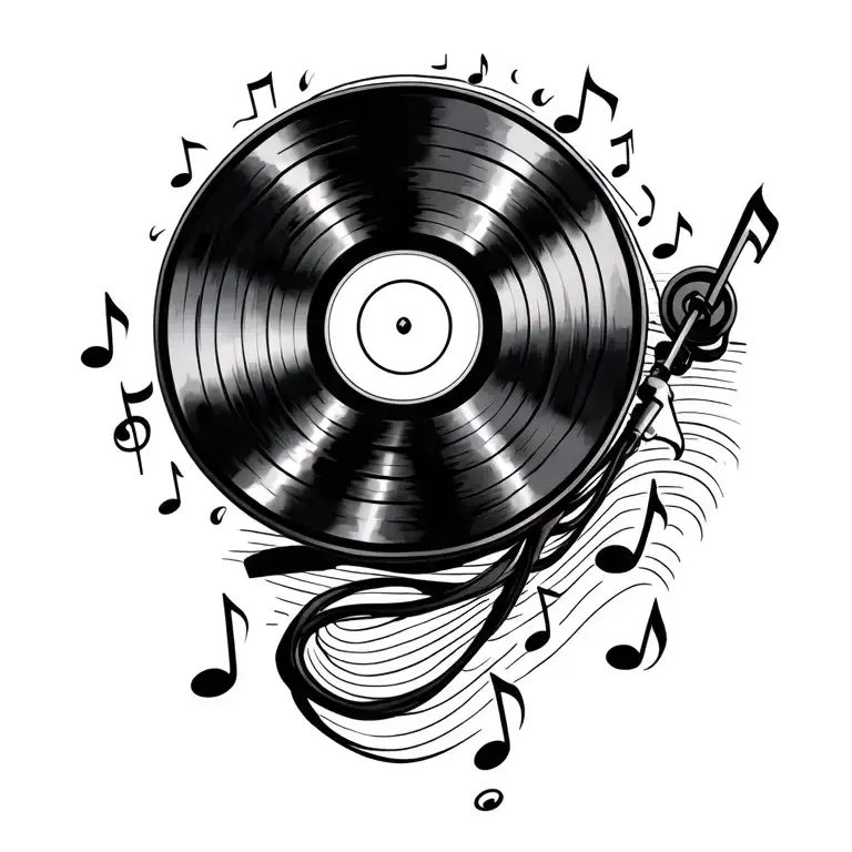 Record player with twisty lines of music notes coming out tattoo design idea