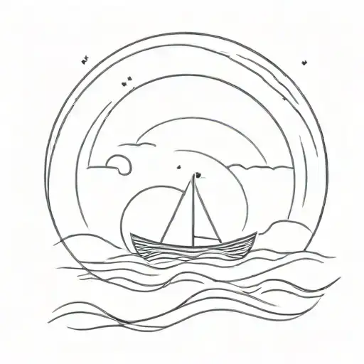 Bohemian style, Sun shining over the wavy sea, simple and delicate line. Over the back a tiny boat is seen. tattoo design idea