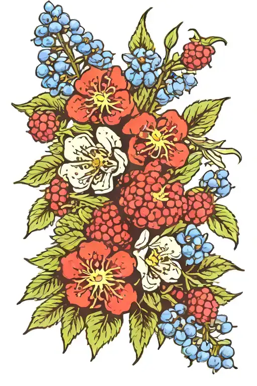bluebonnet flower and raspberries tattoo design idea