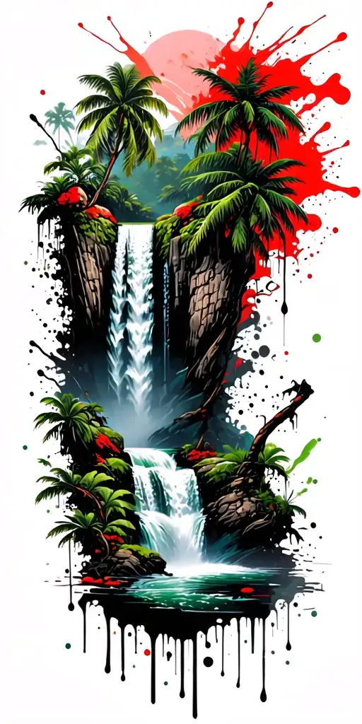 waterfall in the jungle forest and trees, green colouration tattoo design idea
