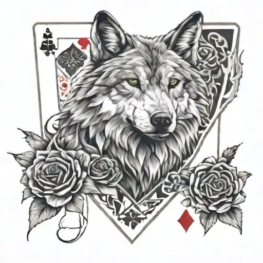 half realistic and half geometric wolf with 2 and 7 playing cards then background of red roses and fire for full sleeve tattoo design idea