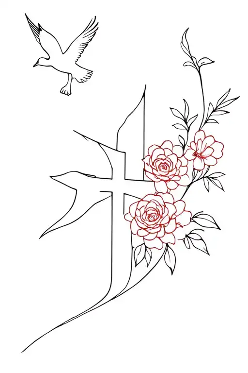 cross, flowers, doves flying tattoo design idea