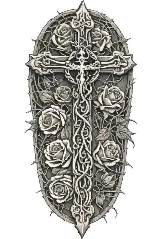 cross wrapped in barbed wire with roses with angel tattoo design idea