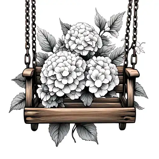 A wooden swing. On the swing rails, there are flowers intertwined - hydrangeas, ginger lilly, 2 turmeric leaf with crab tattoo design idea