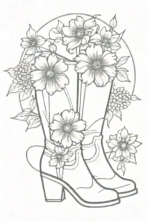 Cosmo flower, marigold flower, cross, western boots tattoo design idea