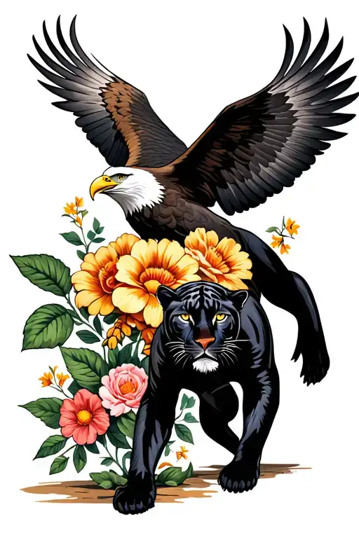 Crouching panther walking, bald eagle swooping in, and flowers in American Traditional style tattoo design idea