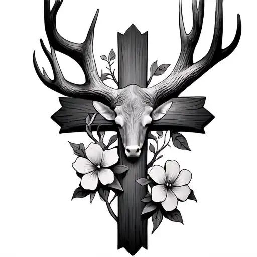 3D cross with antlers at the bottom, and three flowers next to the antlers tattoo design idea
