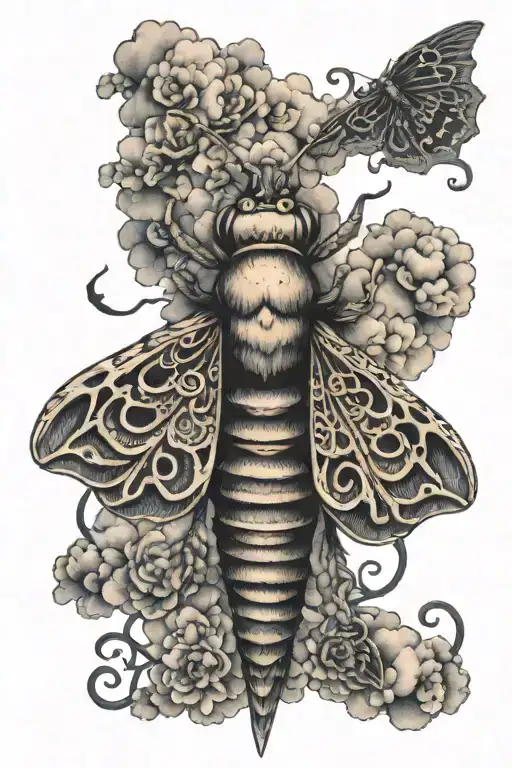 Death head moth surrounded by intricate Japanese style clouds tattoo design idea
