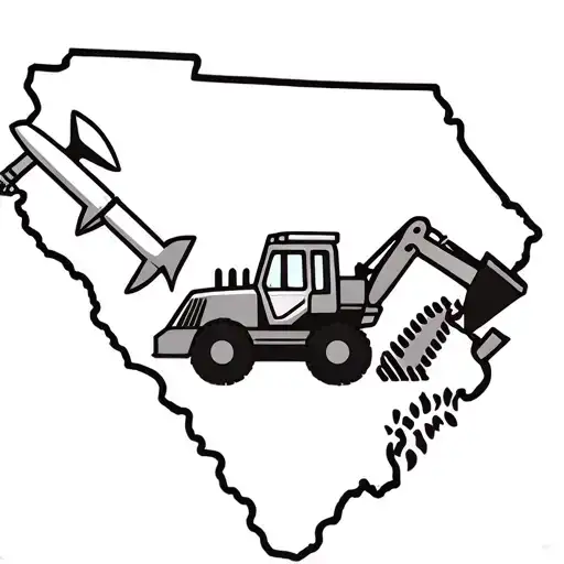 rocket, bulldozer, and hammer in black in white. simple design and inside the outline of South Carolina state  tattoo design idea