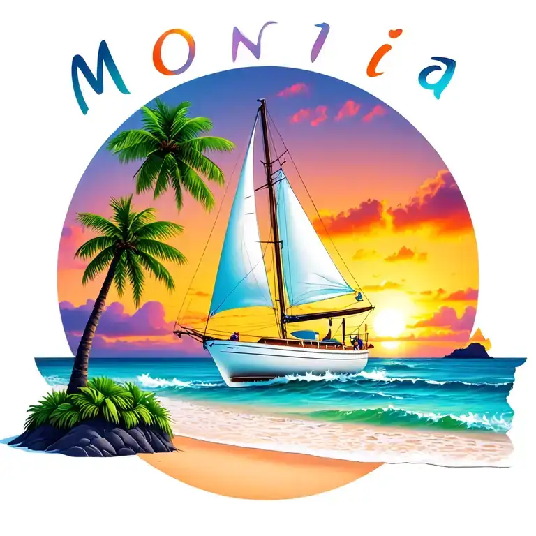 "Monica" "Monica" bubble  foreground white sailboat, sunrise sky small background distant island 2 palm tree  ocean vibrant beach tattoo design idea