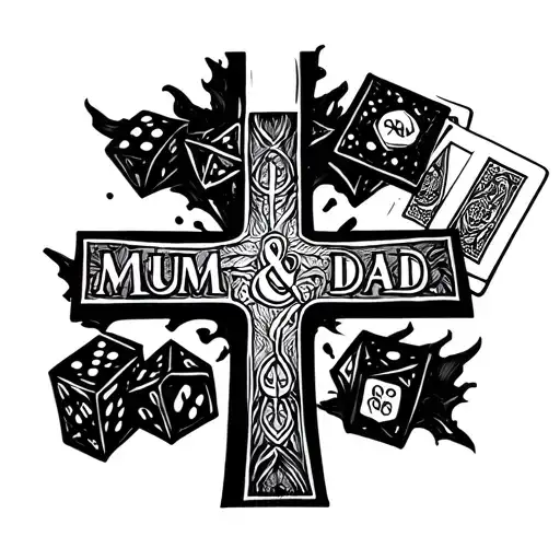 top left backtatolimestone Roman cross saying mum and dad faded into it with half burnt set of dice and cards next to it tattoo design idea