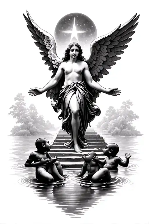 black angel floating in front of stairway to heaven with open arms in front of three black babies in a river reaching up tattoo design idea