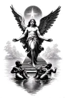black angel floating in front of stairway to heaven with open arms in front of three black babies in a river reaching up tattoo design idea