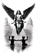 black angel floating in front of stairway to heaven with open arms in front of three black babies in a river reaching up tattoo design idea