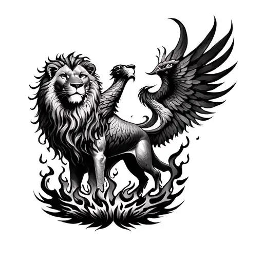 Phoenix and lion rising from the ashes on a background of fire in only black ink   tattoo design idea