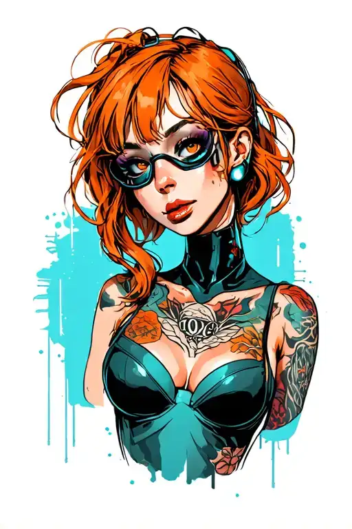 cyberpunk girl head and torso, ginger, sexy tattoo design idea