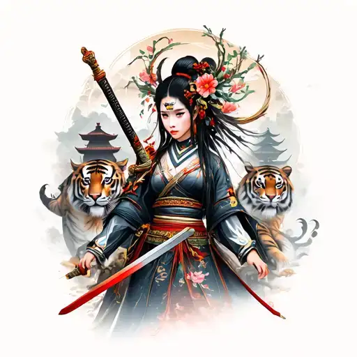 japanese women warrior with sword and flowers oni mask surrounded tigers and temples tattoo design idea