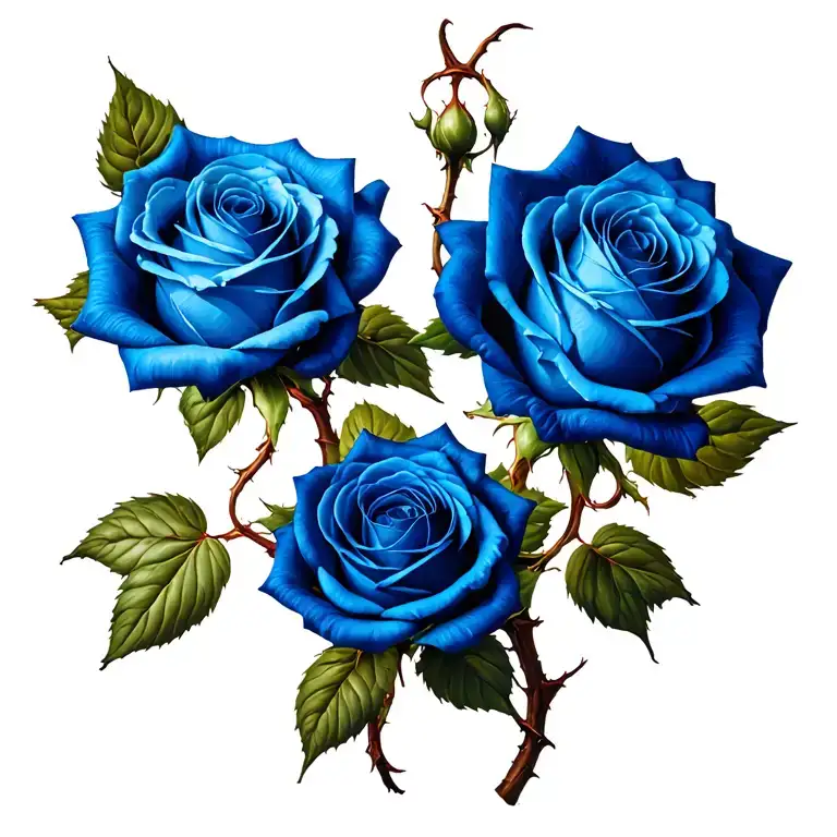 3 blue colored roses with tangled branches tattoo design idea