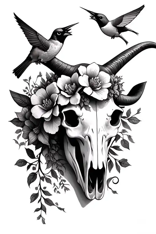 longhorn skull, flower headband, hummingbirds, cardinals, flowers, vines tattoo design idea