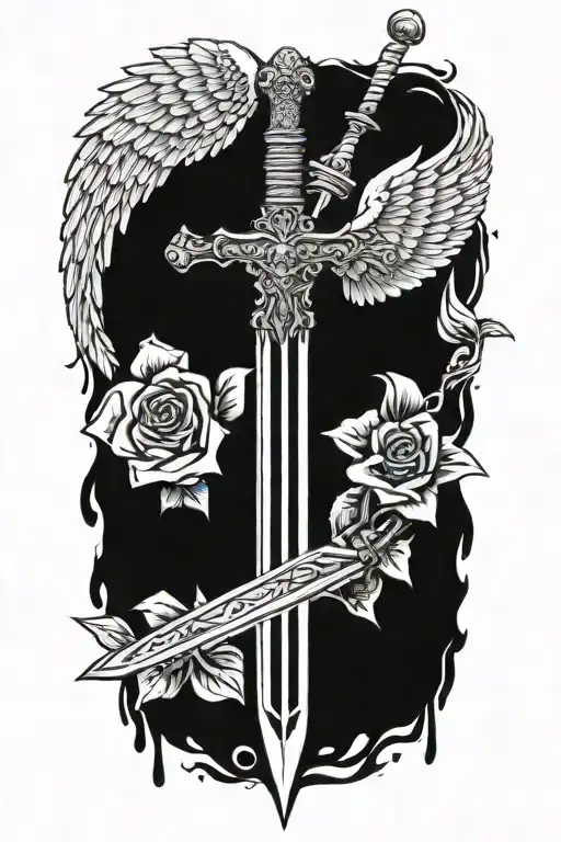 angel wings behind sword, roses tattoo design idea